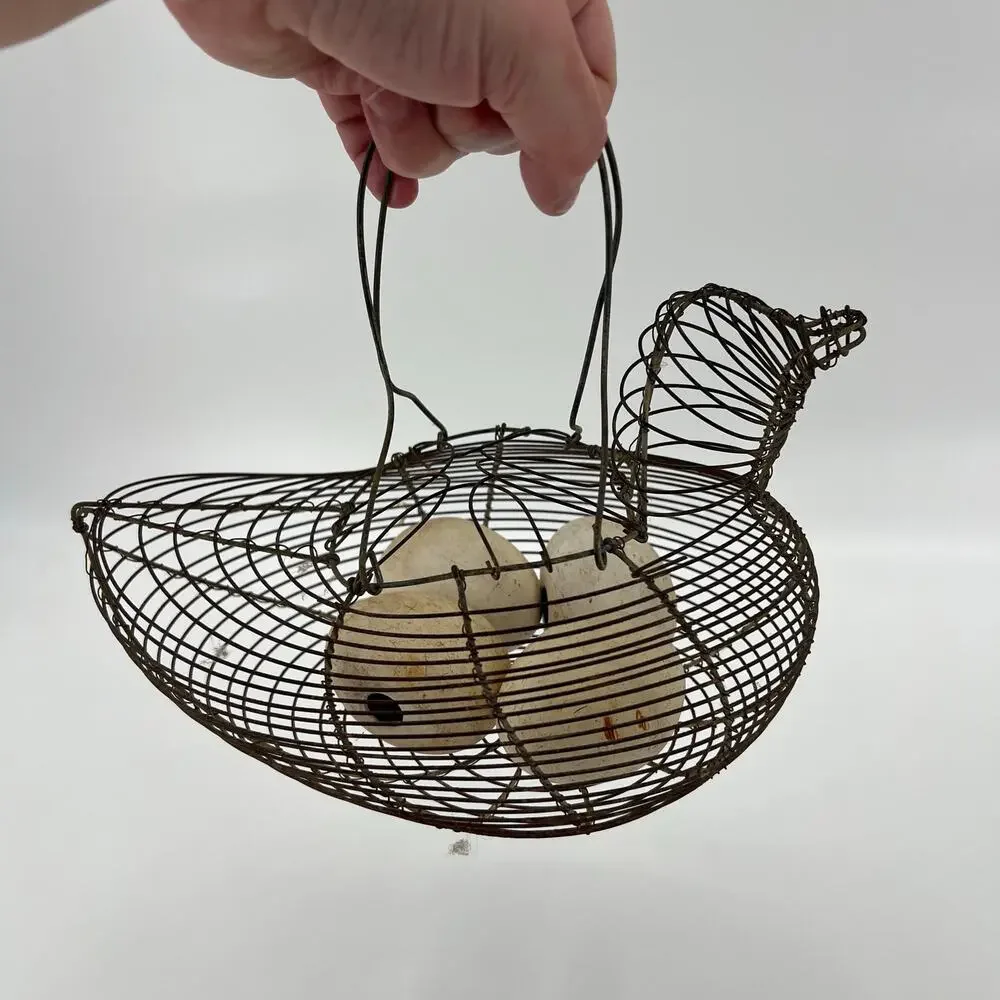 Vintage Wire Egg Basket with 4 Decorative Ceramic Eggs Chicken Shaped